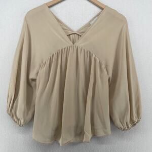 SAM & LAVI Top Womens S Silk Crepe de Chine Double V-Neck Long Sleeve Beige